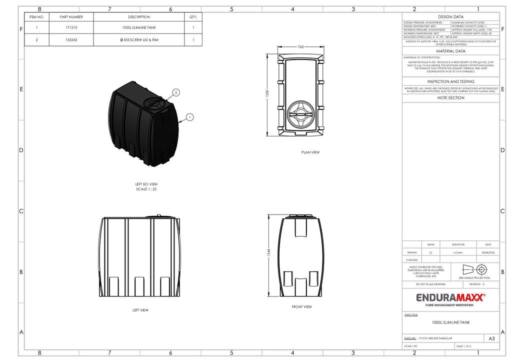 1000 Litre Enduramaxx Slimline Potable Water Tank