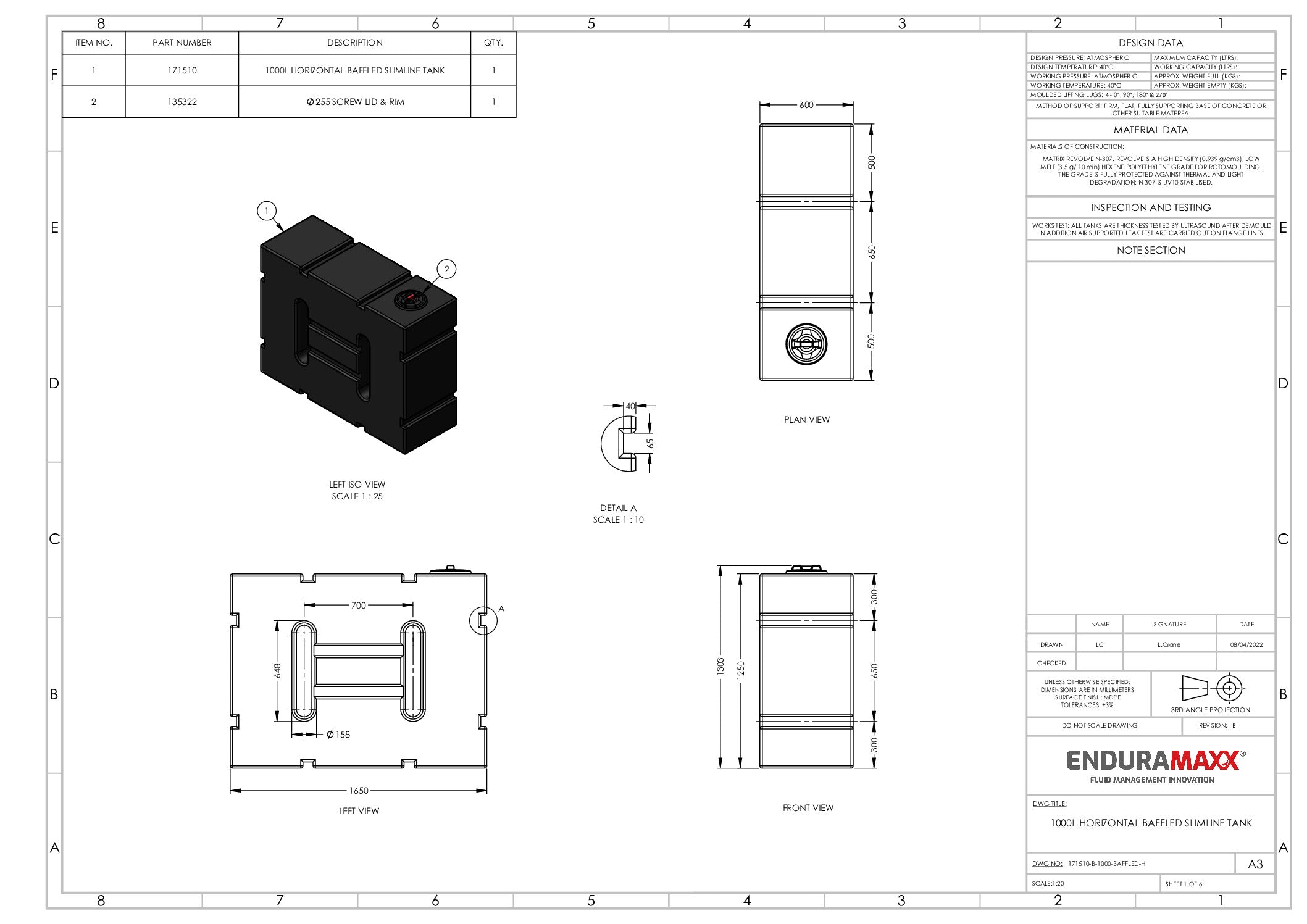 1,000 Litre Baffled dimensions 