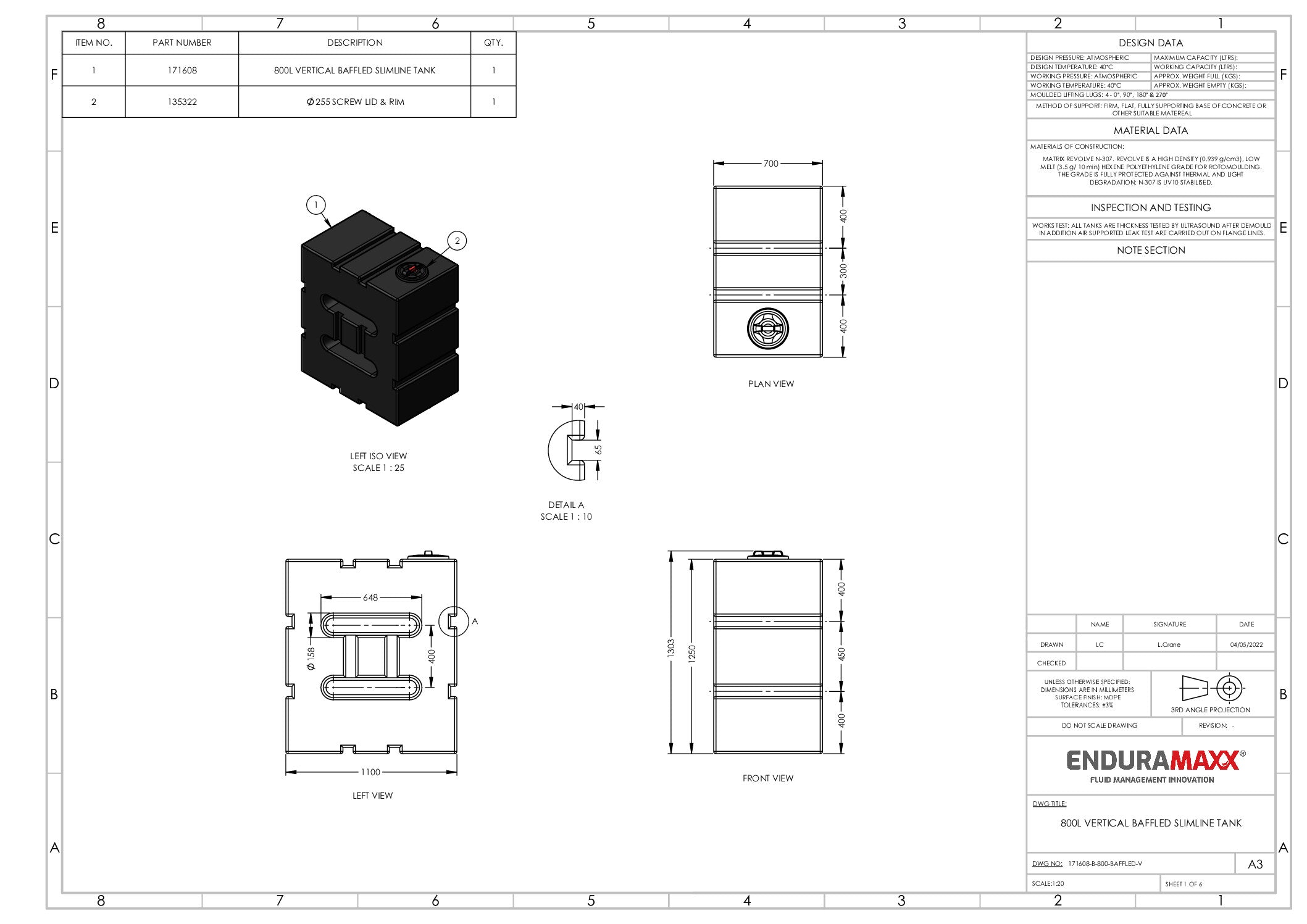 800 Litre Water Tank, Baffled, Upright