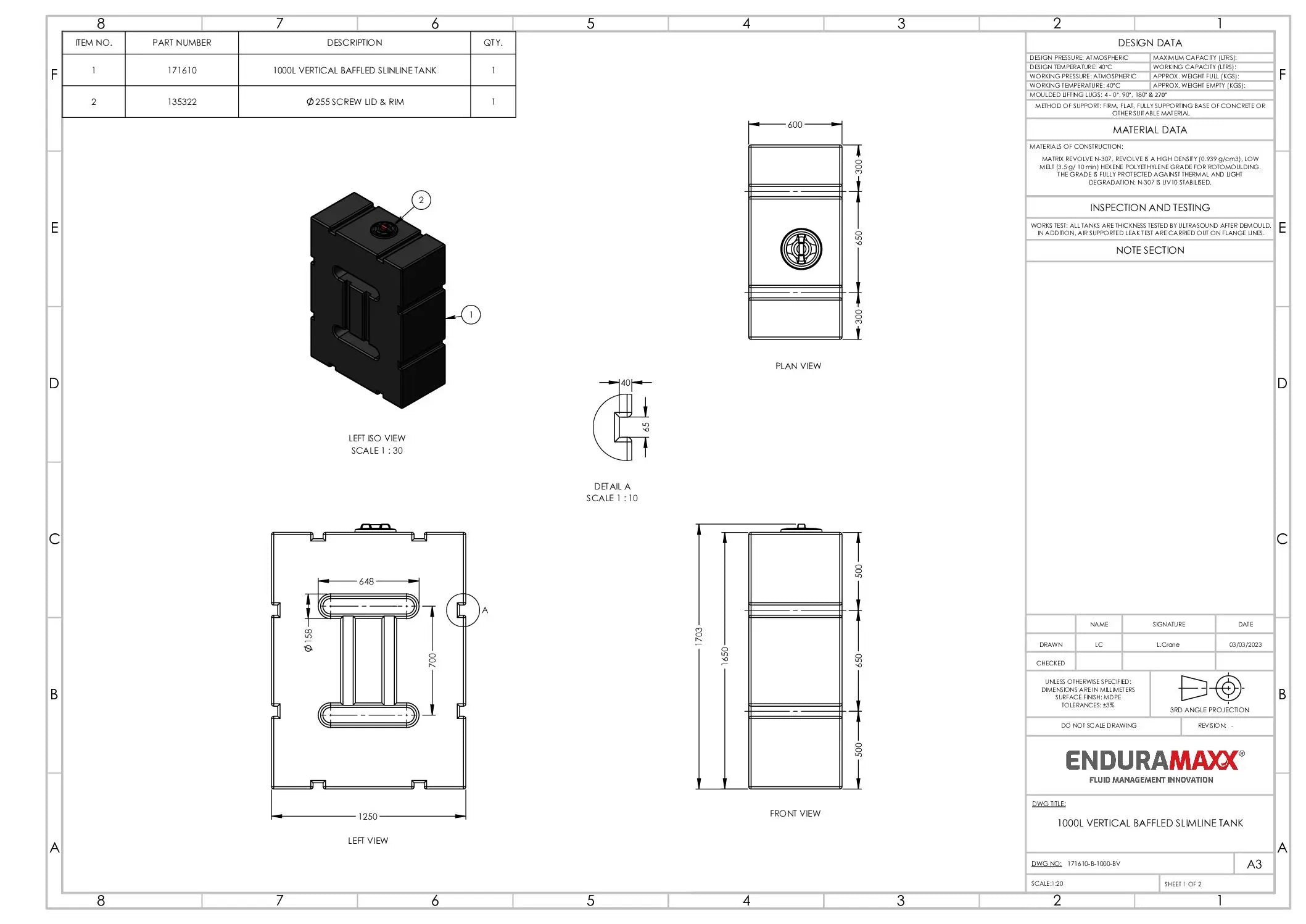 1,000 Litre Water Tank, Baffled, Upright Drawing