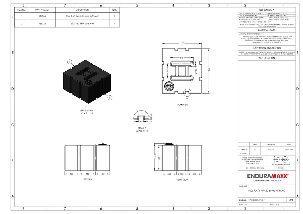 800 Litre Enduramaxx Baffled Water Tank, Flat