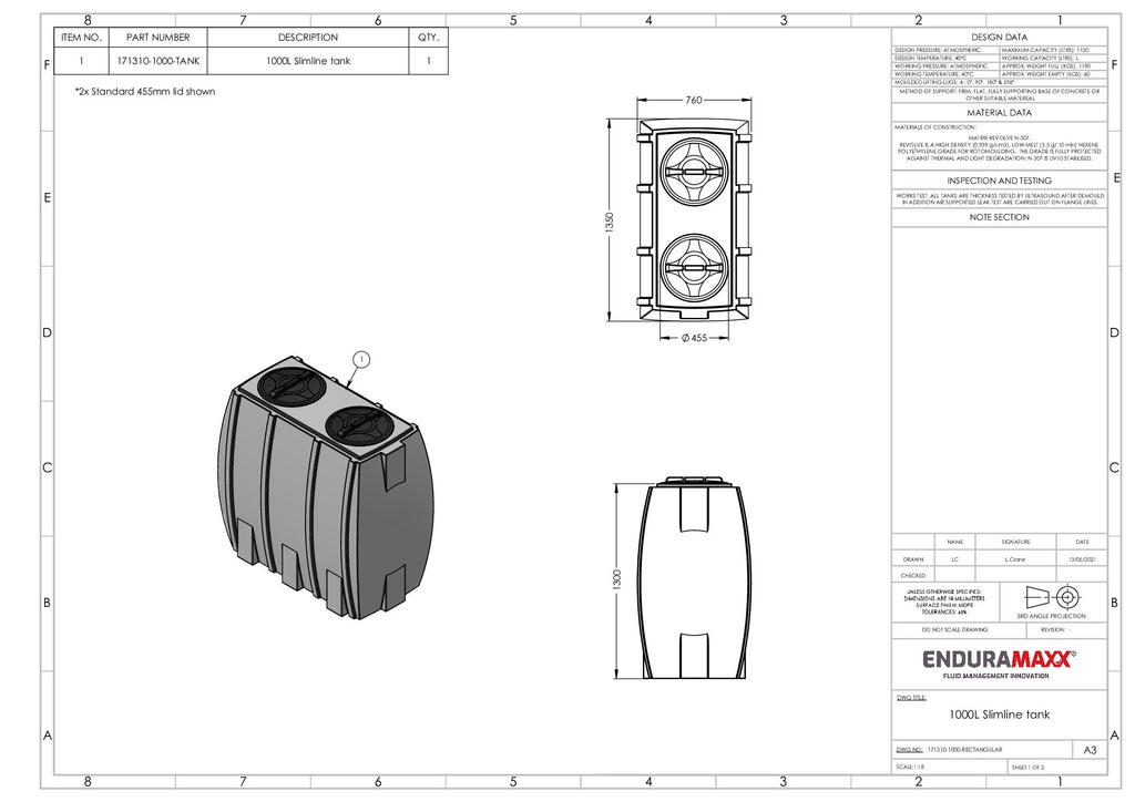 1000 Litre Enduramaxx Slimline rainwater tank- 2 Lids