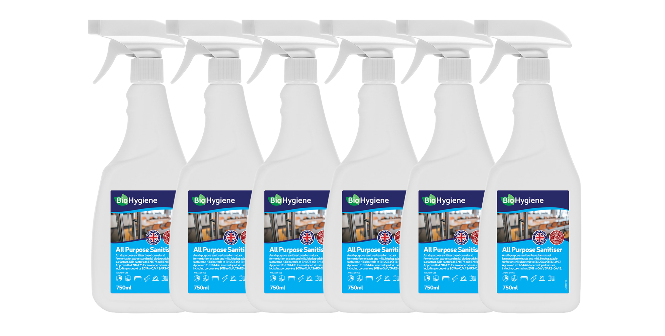 6 BioHygiene Trigger Bottles against plain white background