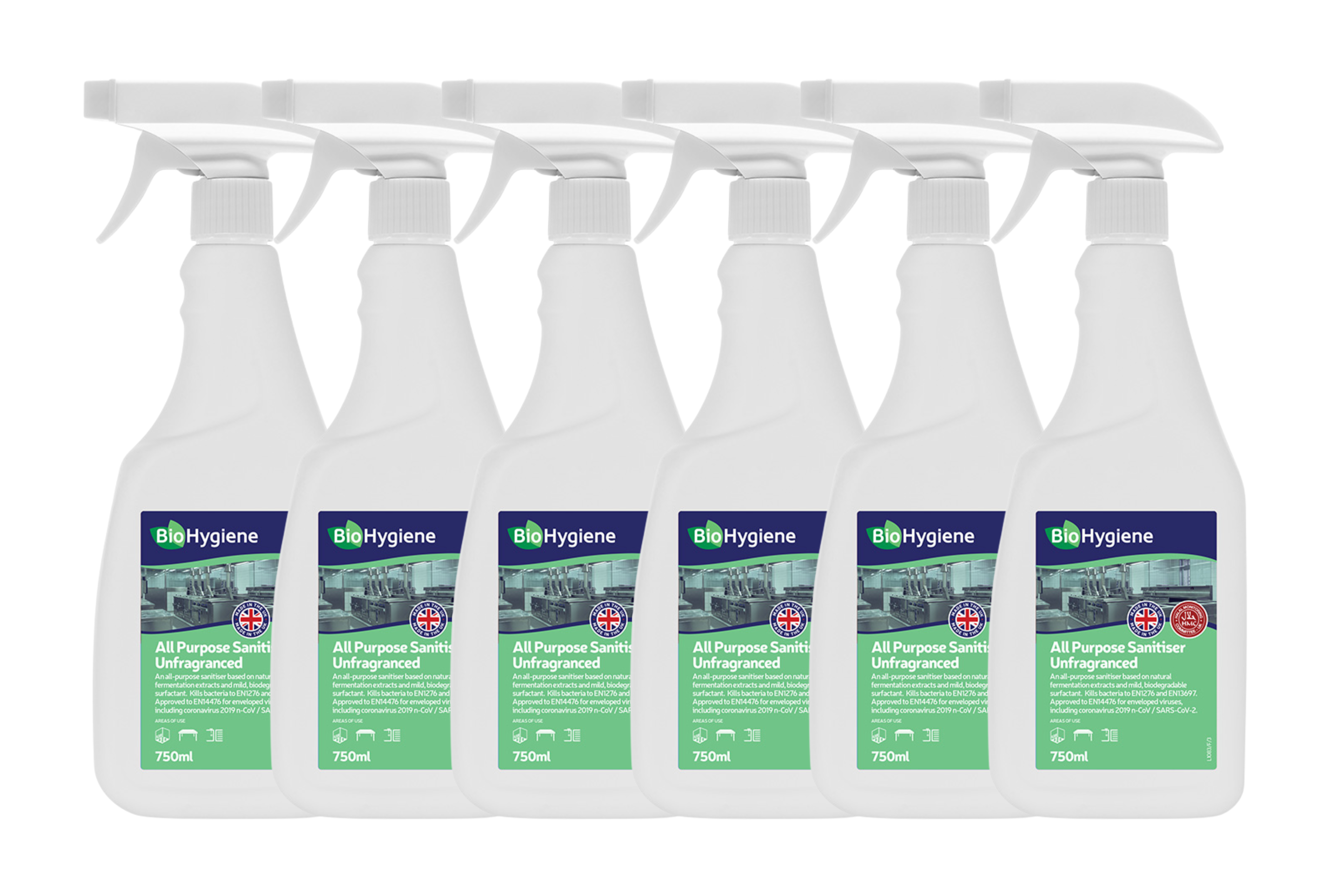 6 BioHygiene Trigger Bottles against plain white background