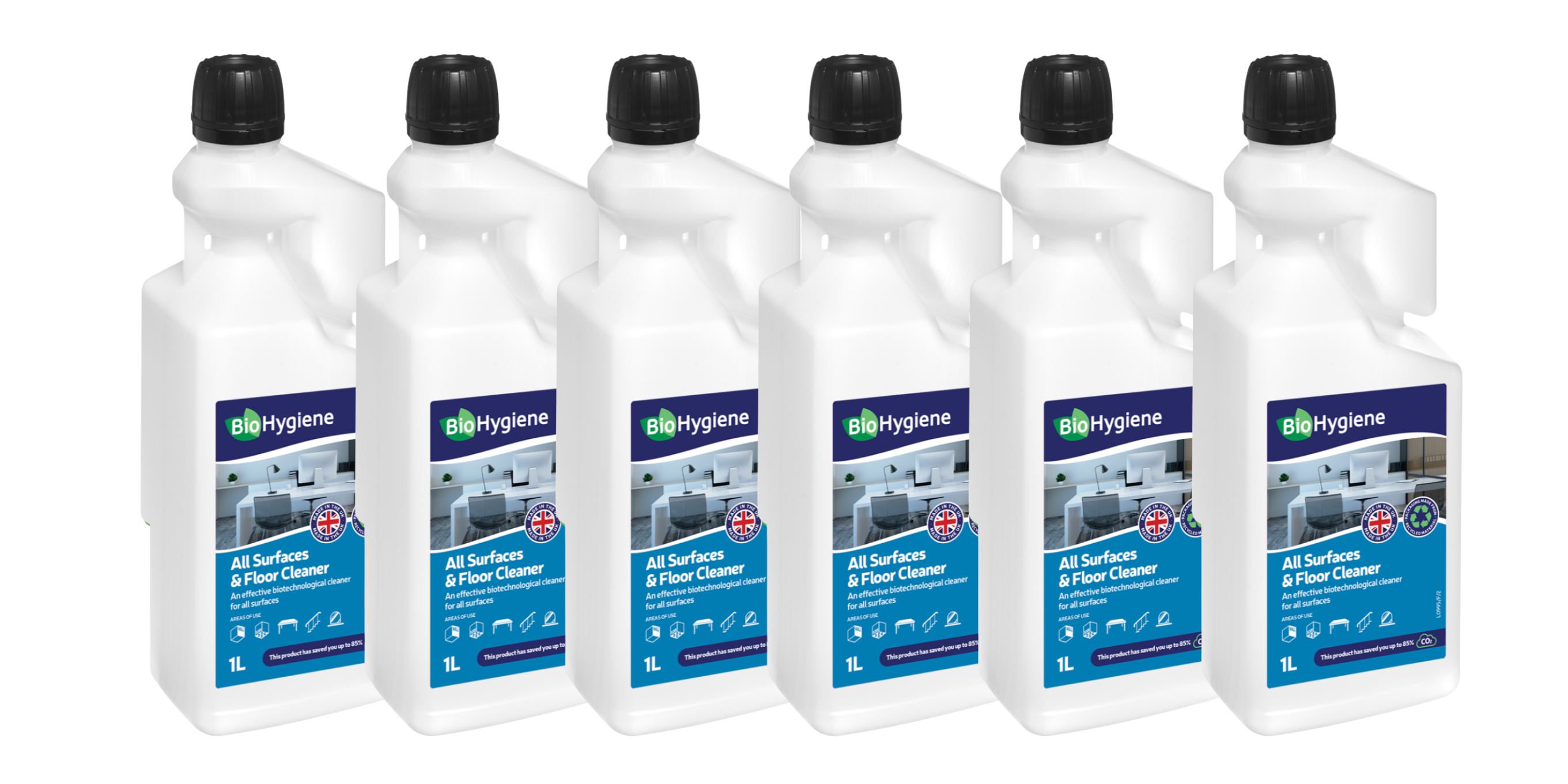 6 BioHygiene 1 Litre Bottles against plain white background