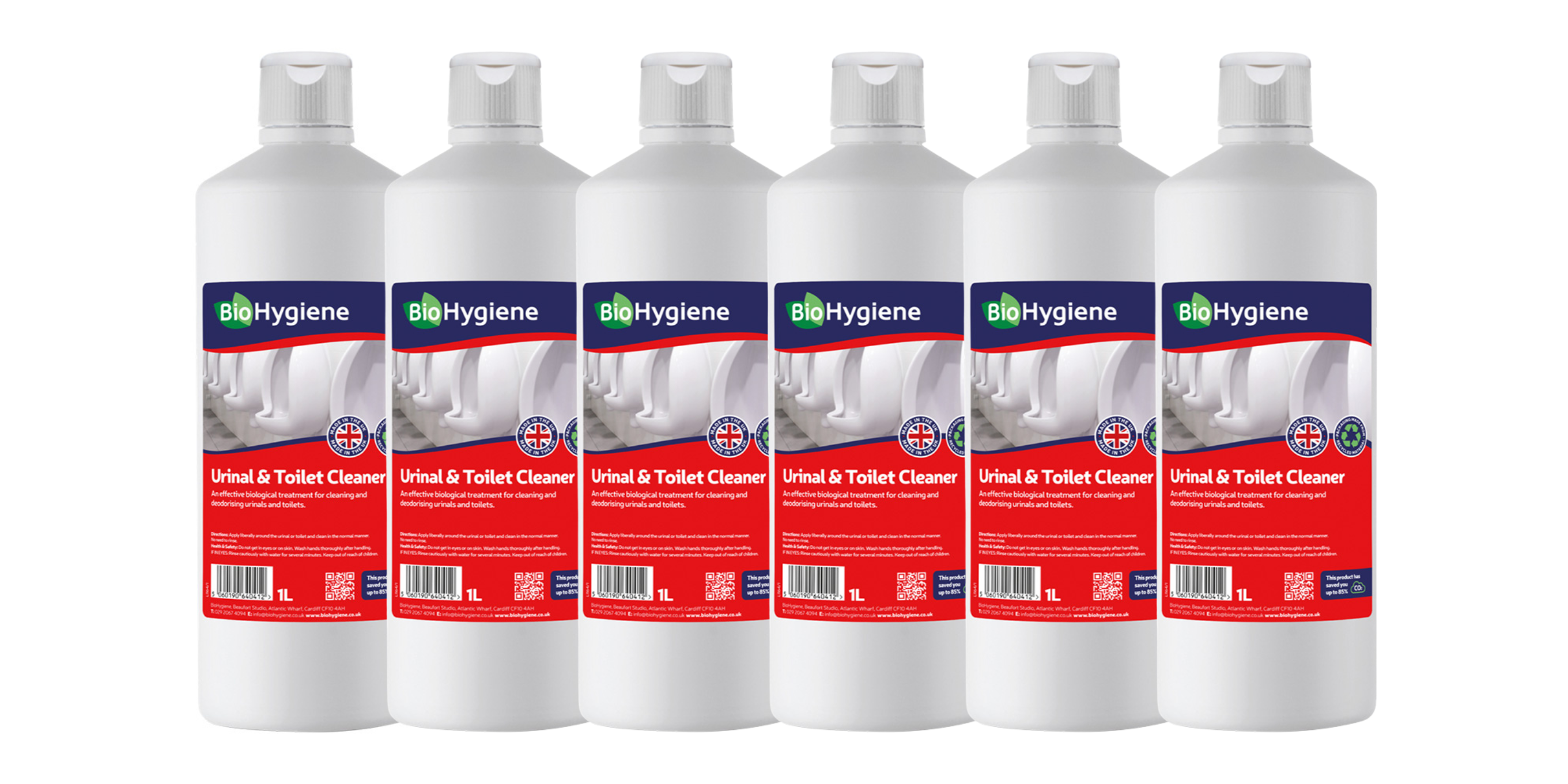 6 BioHygiene Urinal & Toilet Cleaner Bottles against plain white background